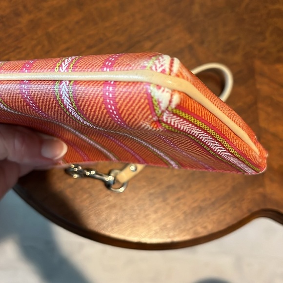 Coach Vintage wristlet coated canvas stripe Orange pink sage white/tan leather - Picture 9 of 13